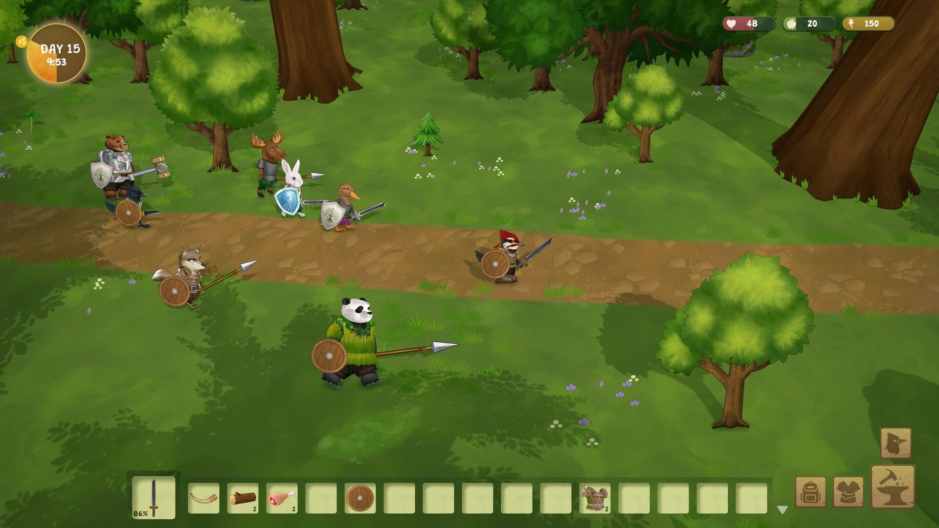 Woodland Rebels: Animal militia patrols a forest road with shields and spears, Day 15 HUD visible.