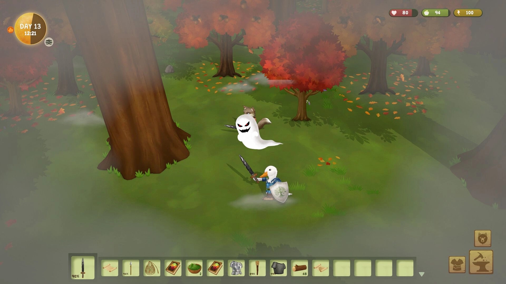 Woodland Rebels: Duck warrior with sword and shield faces ghost in misty autumn forest UI stats visible.