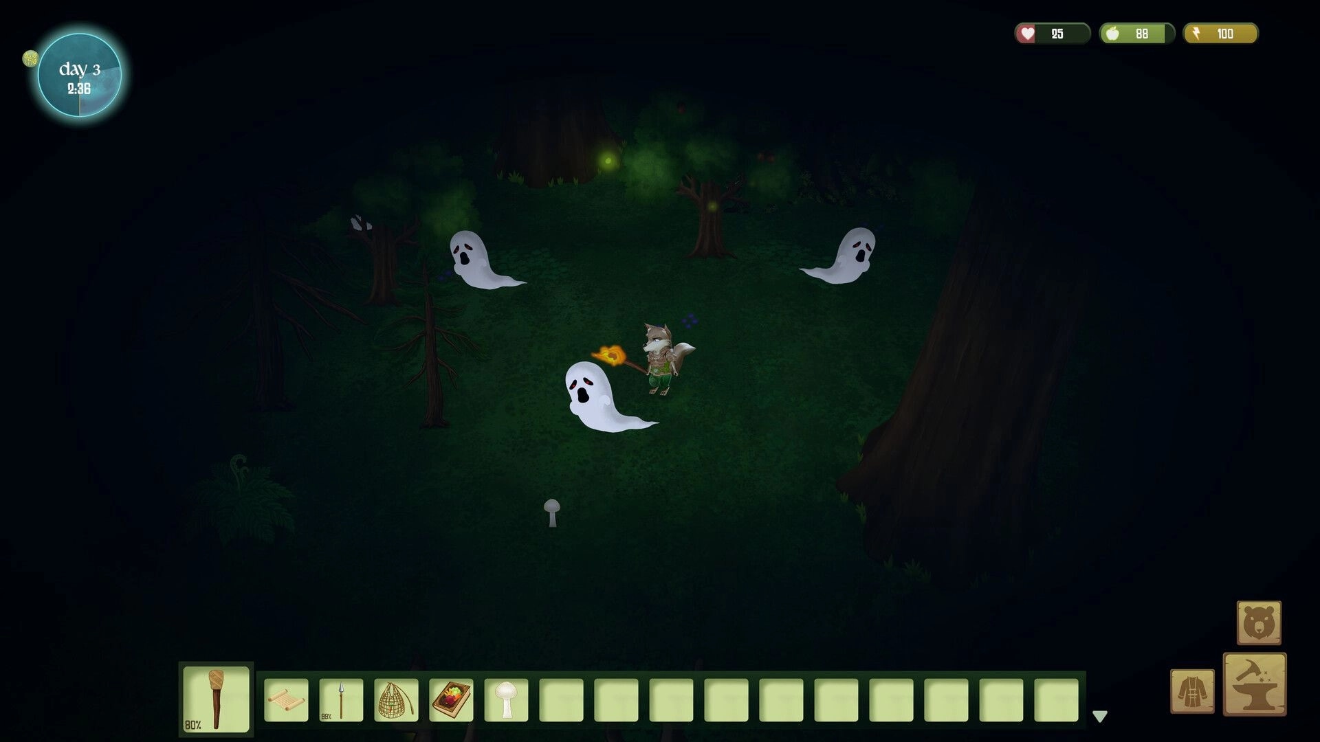 Woodland Rebels: Fox villager attacks ghosts with a torch in a dark forest, day 3 HUD and hotbar.