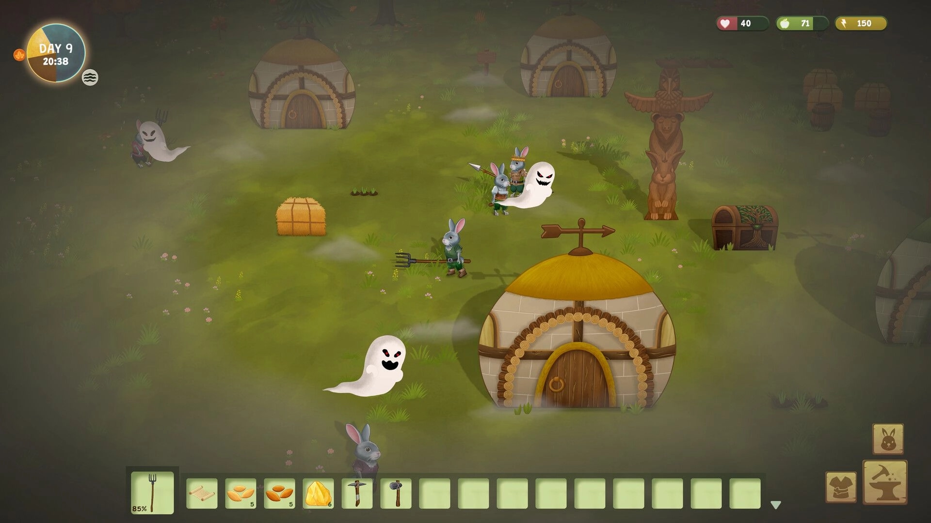 Woodland Rebels: Rabbit villagers with pitchforks face ghosts near round huts in a misty camp UI.