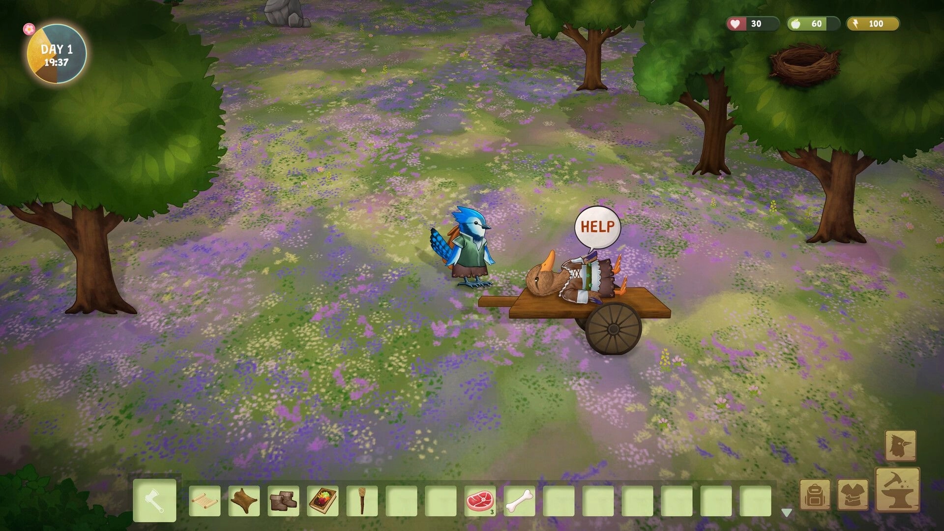 Woodland Rebels: Blue jay villager checks injured fox on cart in flowered forest clearing, Day 1 UI.