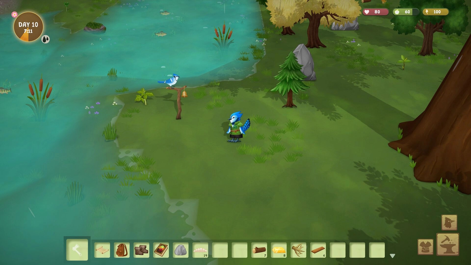 Woodland Rebels: Blue jay villager stands by a lake and bell post, Day 10 UI and hotbar visible.