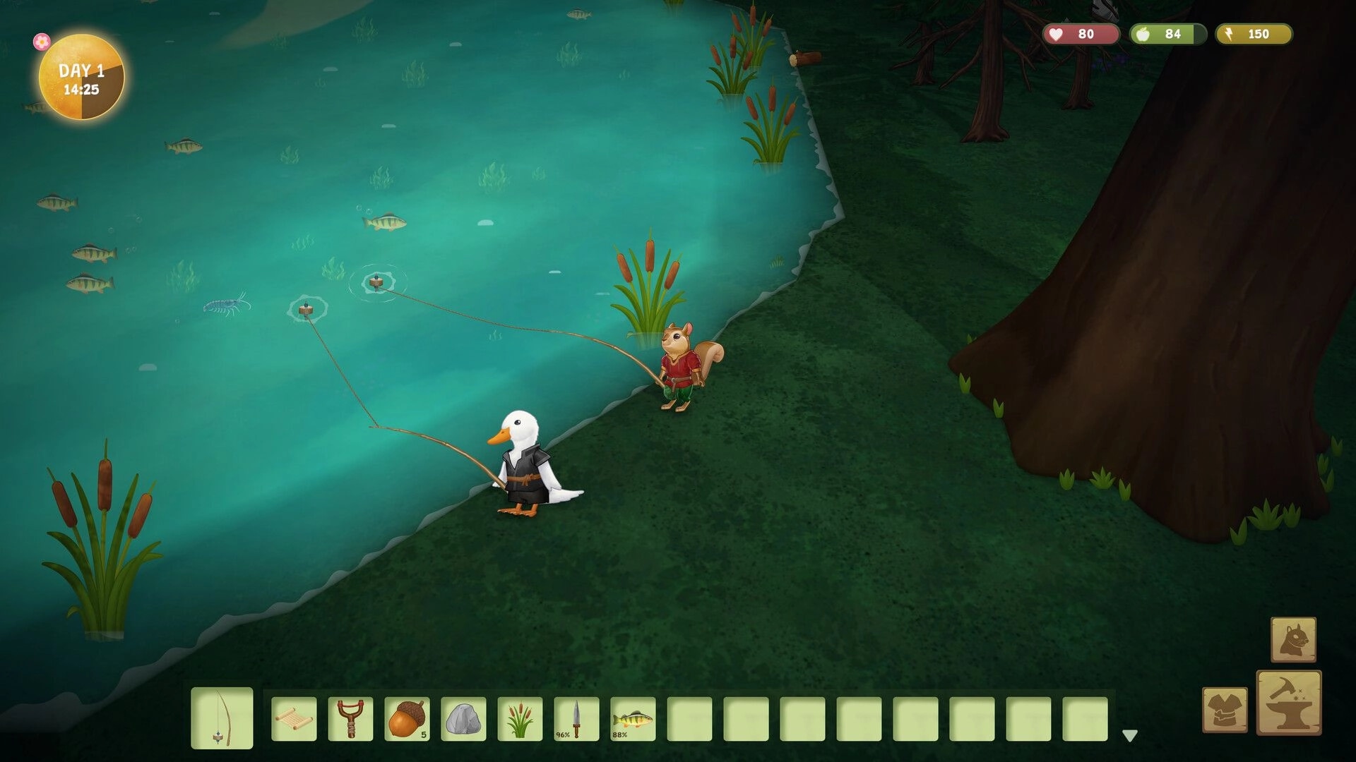 Woodland Rebels: Duck and squirrel fish with rods on a lake shore beside reeds and trees UI stats visible.