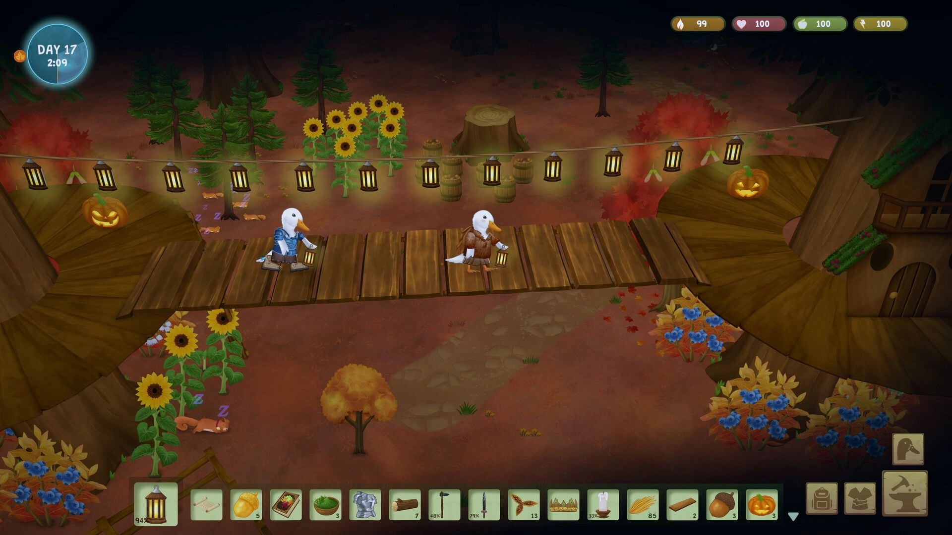 Woodland Rebels: Two duck villagers patrol a lantern-lit bridge between treehouses in autumn woods.