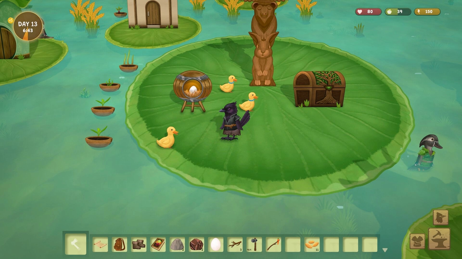 Woodland Rebels: Crow villager stands by ducklings and chest on a giant lily pad island pond.