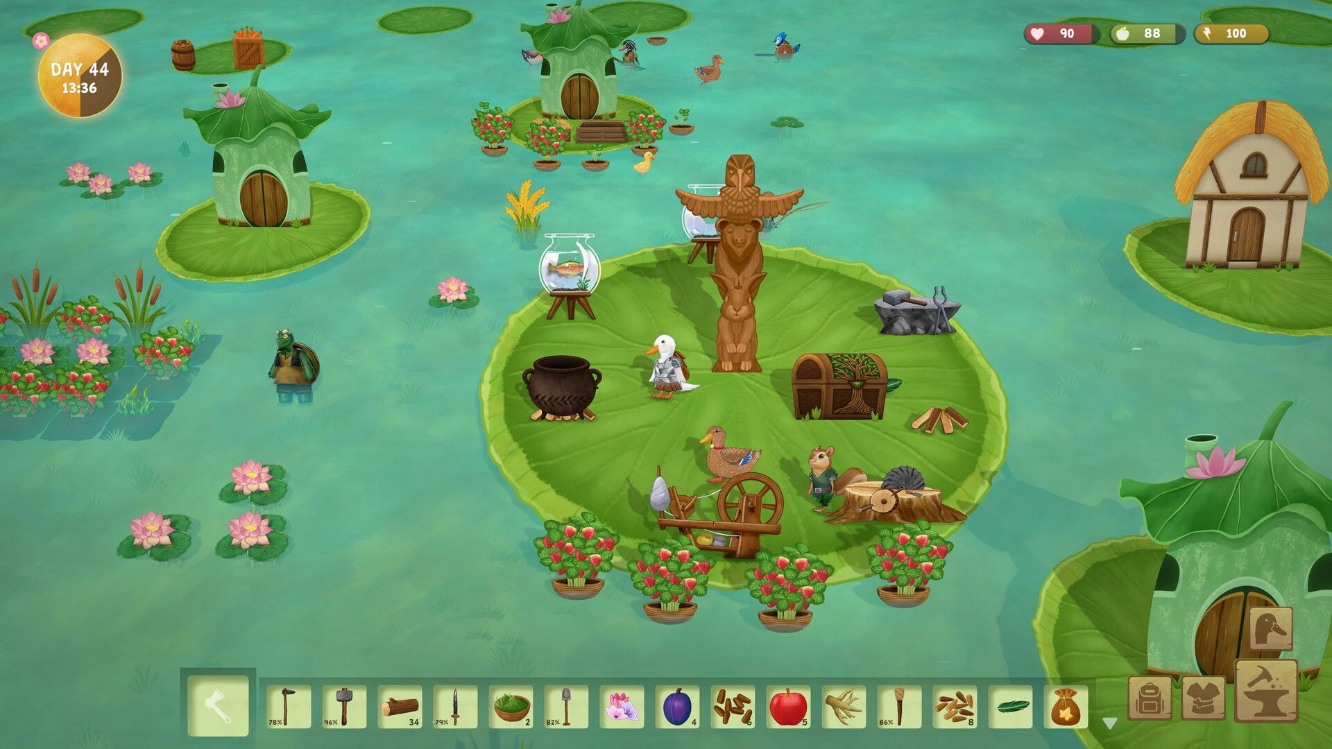 Woodland Rebels: Duck and squirrel craft by totem on lily pad island, with day 44 UI and hotbar.
