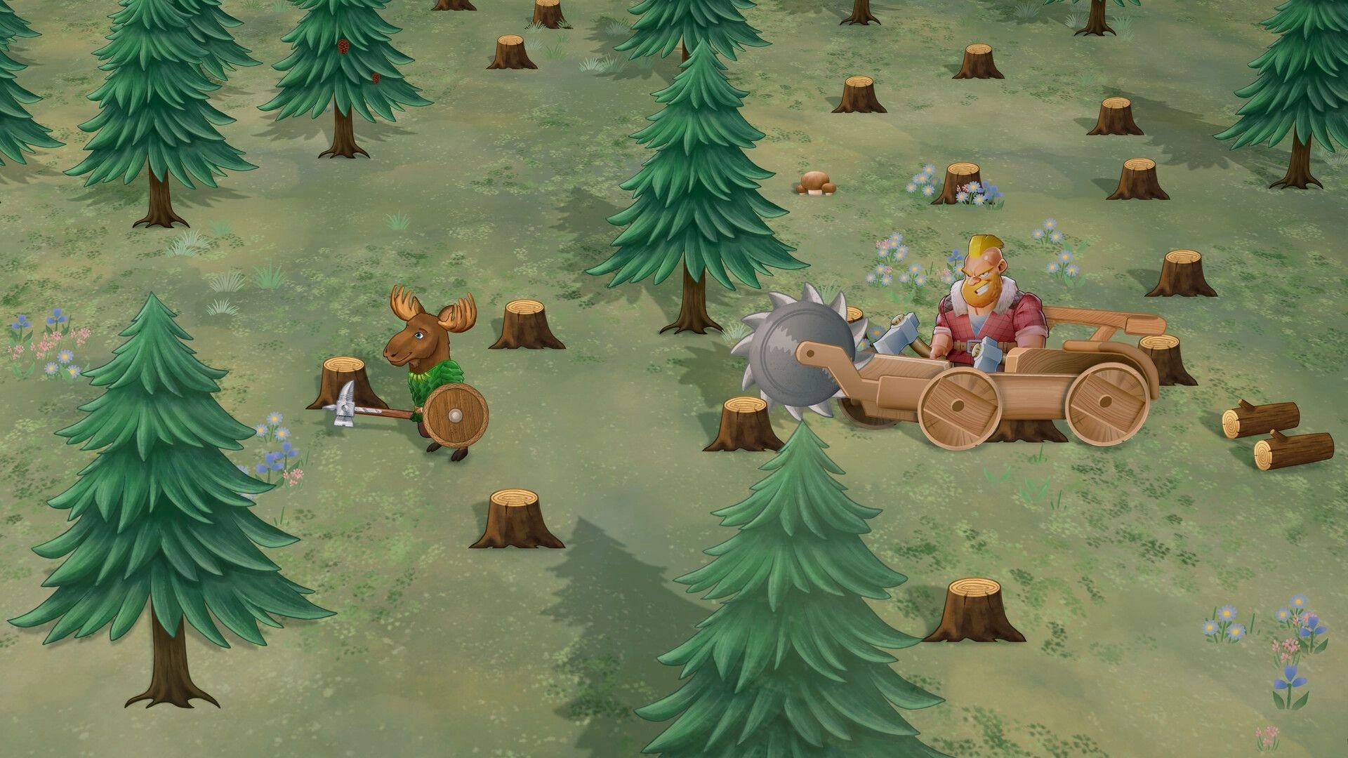 Woodland Rebels: Moose villager with axe faces human on saw cart in a stump-filled pine clearing.