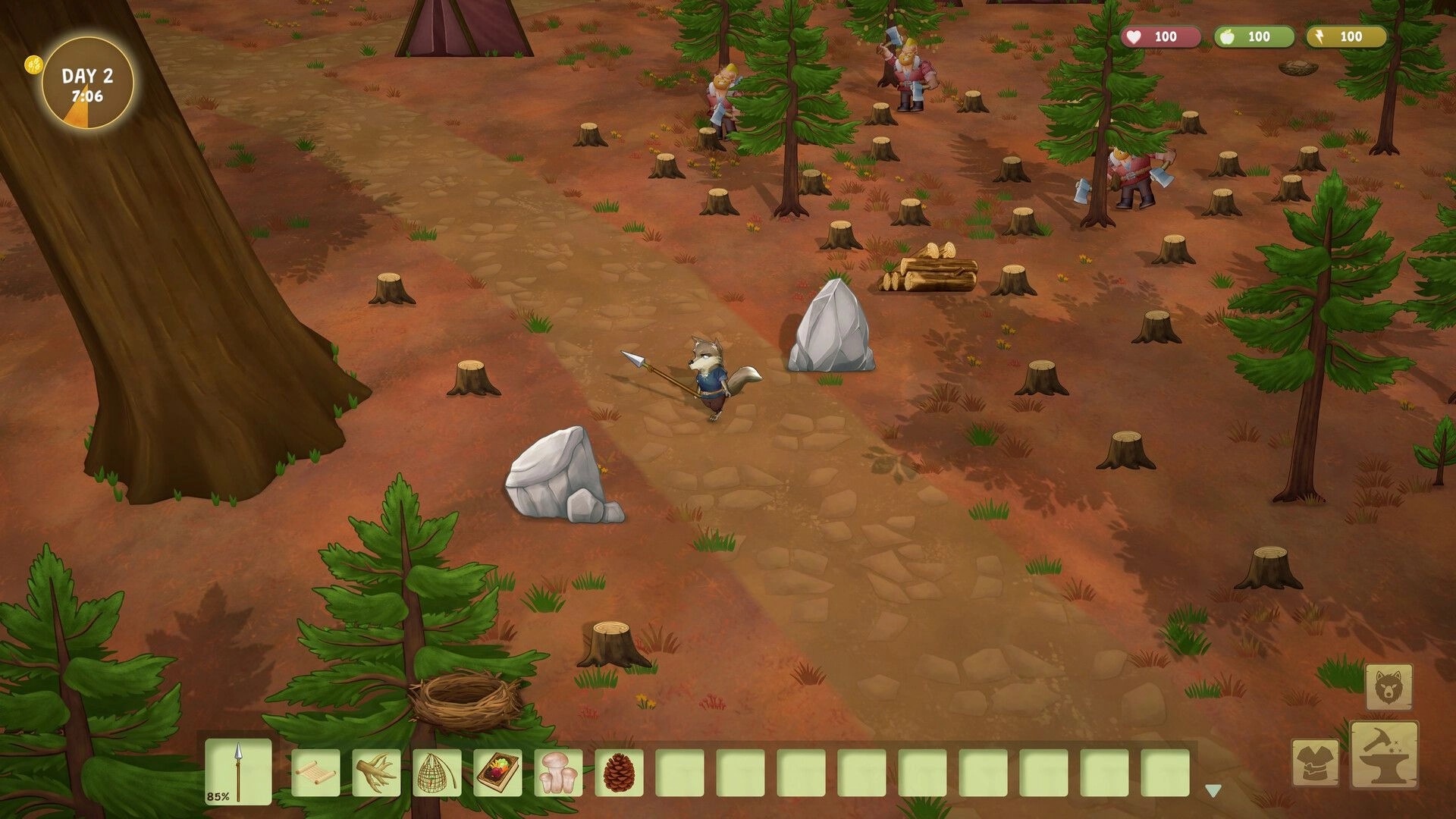 Woodland Rebels: Fox villager with spear patrols a logged forest as human lumberjacks chop trees nearby.