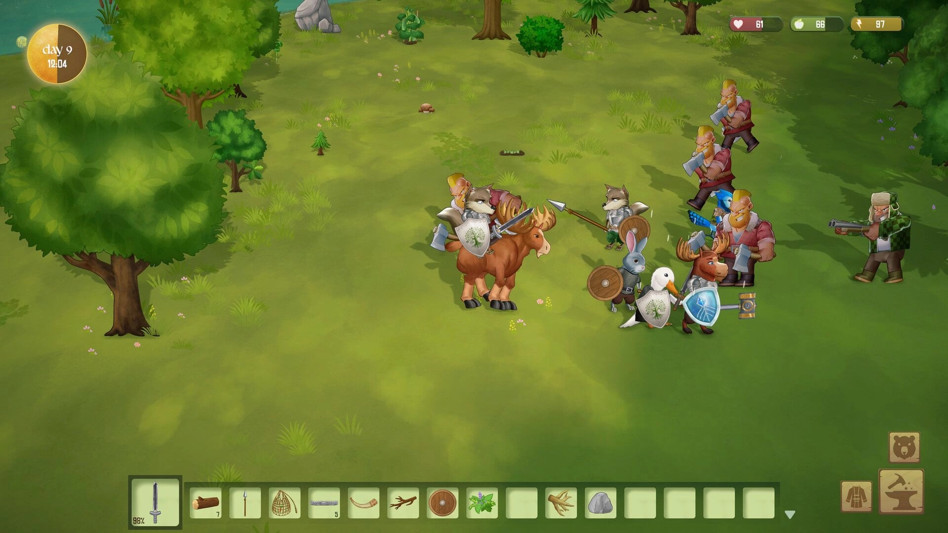 Woodland Rebels: Animal militia clashes with armed humans in a forest clearing, day 9 UI and hotbar visible.