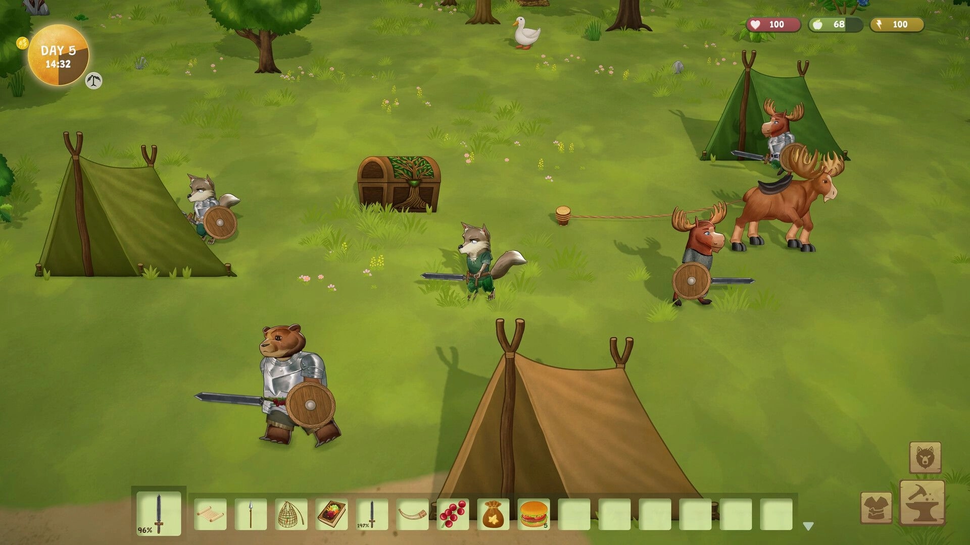 Woodland Rebels: Armored animal villagers guard tents and chest in a grassy camp with HUD stats.