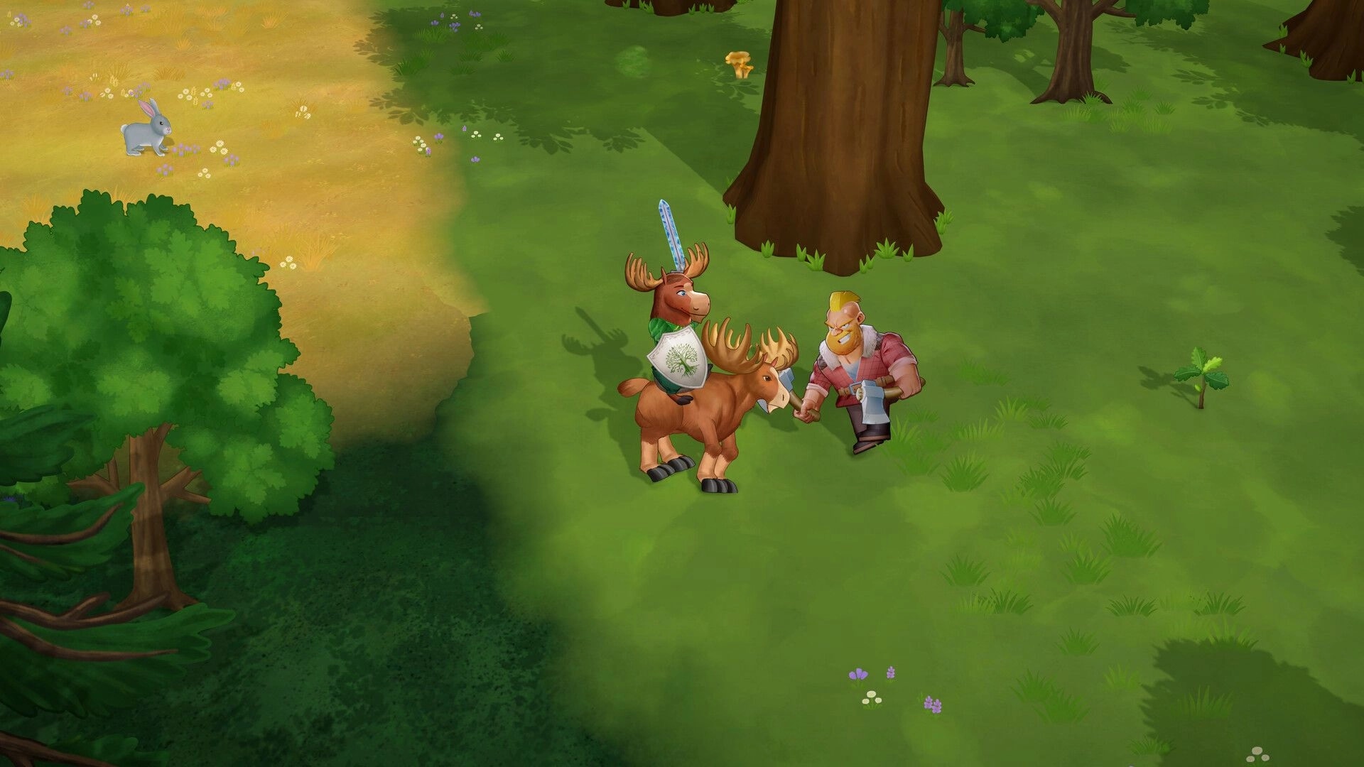 Woodland Rebels: Moose villager with sword and shield faces bearded human by a giant tree in meadow.