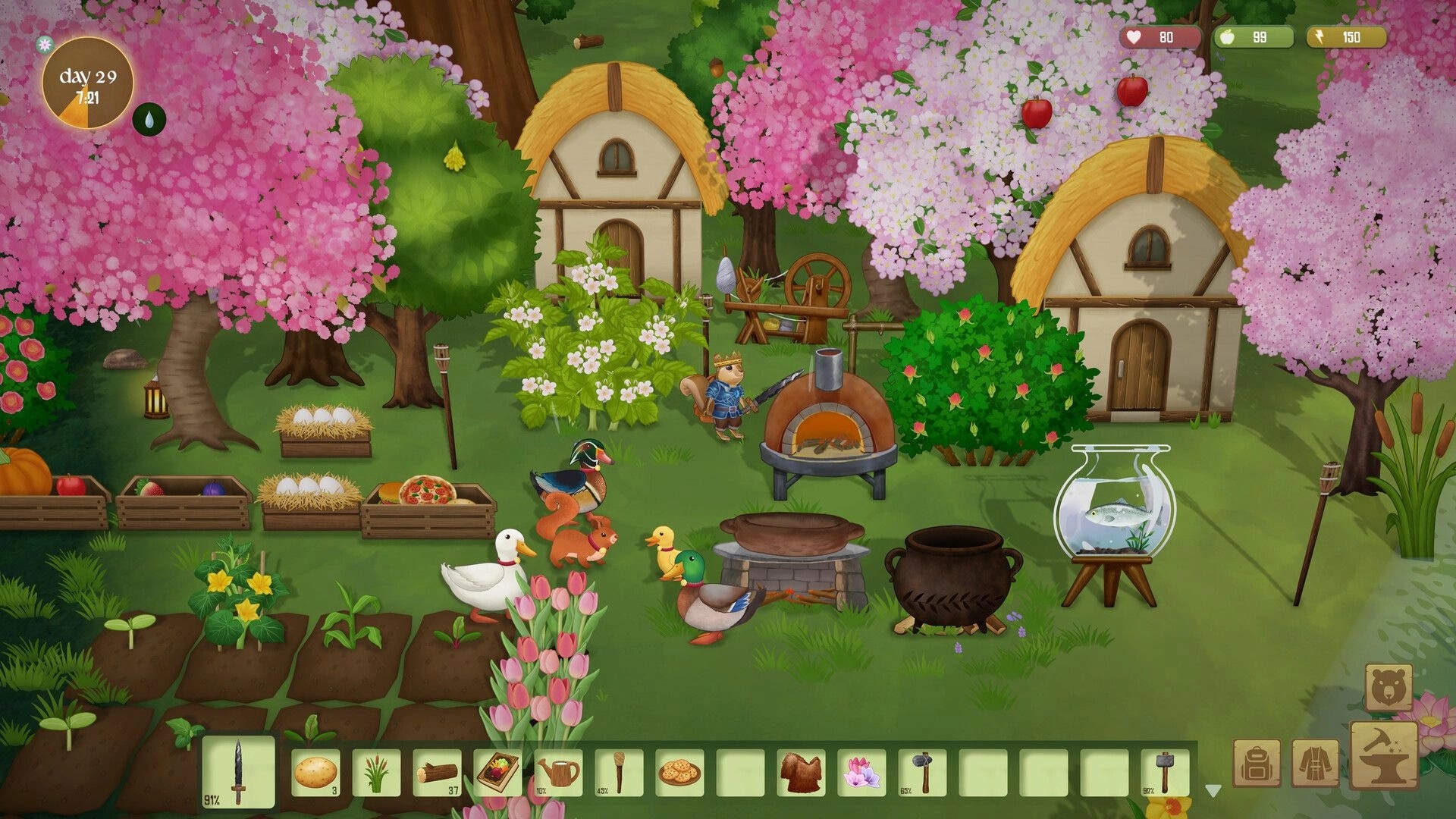 Woodland Rebels: Squirrel villager by ovens and ducks near cottages under blooming pink trees UI visible.