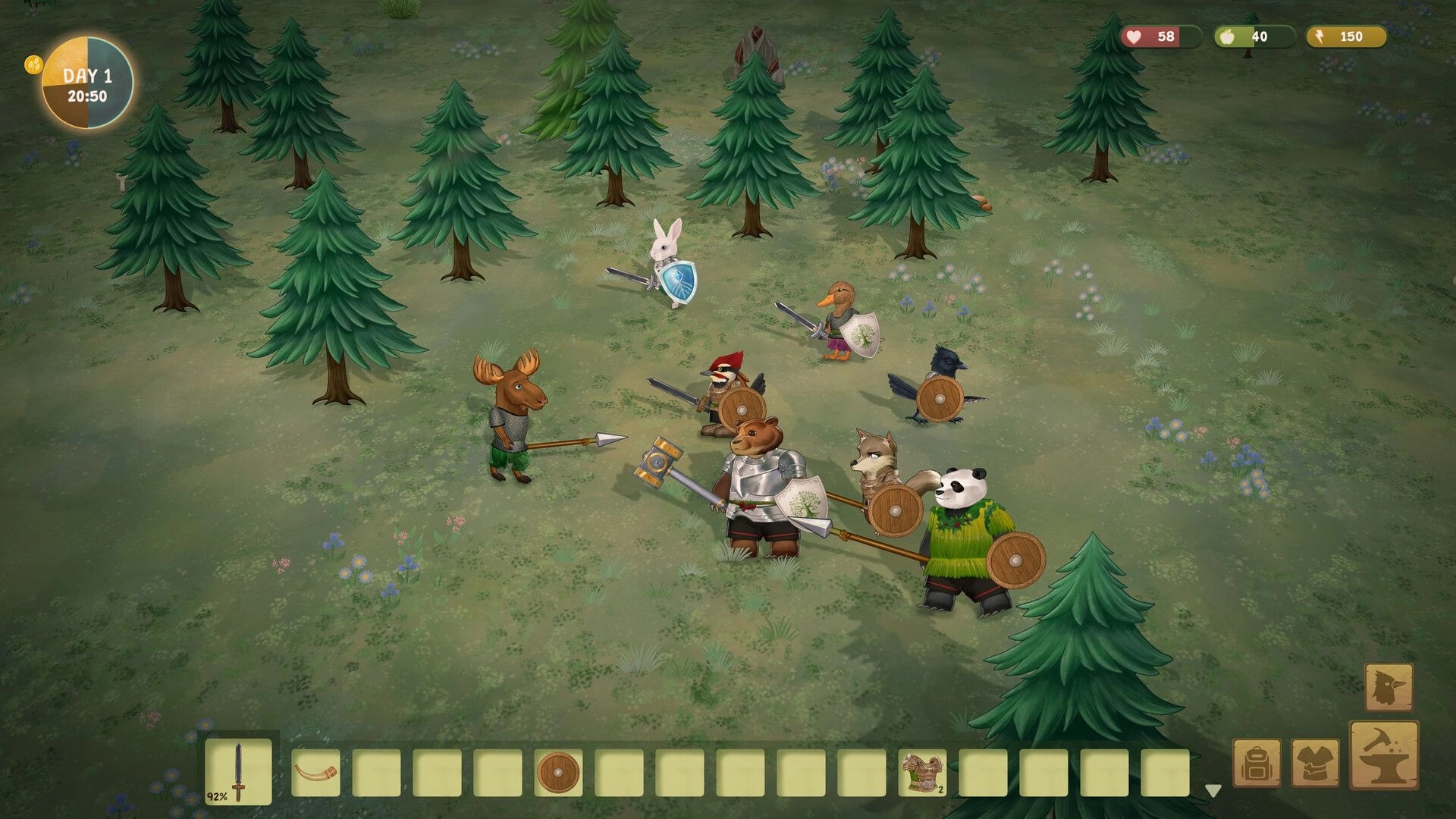 Woodland Rebels: Animal warriors face a moose in a pine clearing, with day clock and hotbar UI.