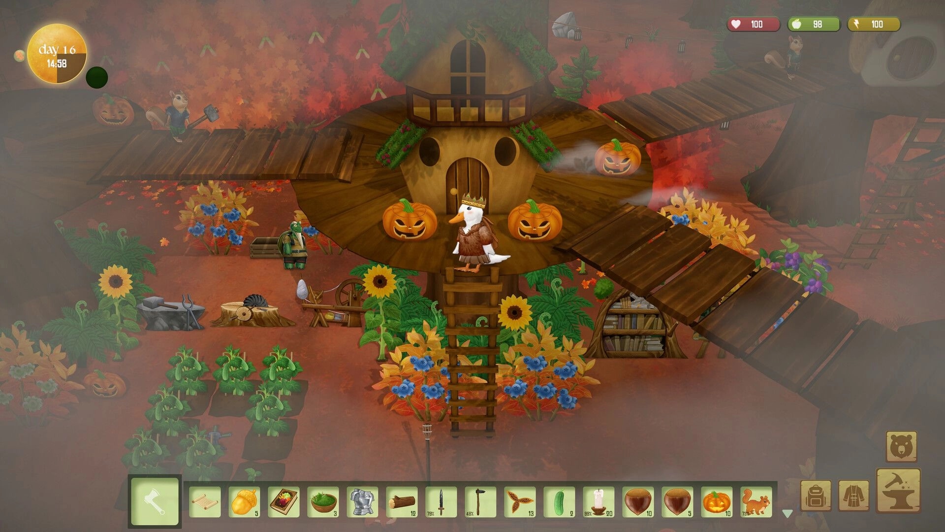 Woodland Rebels: Goose villager stands on a treehouse balcony amid pumpkins and autumn farm plots.