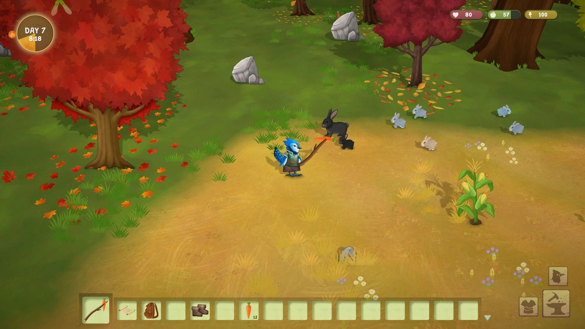 Woodland Rebels: Blue bird villager holds a spear near rabbits in an autumn clearing with HUD and hotbar.
