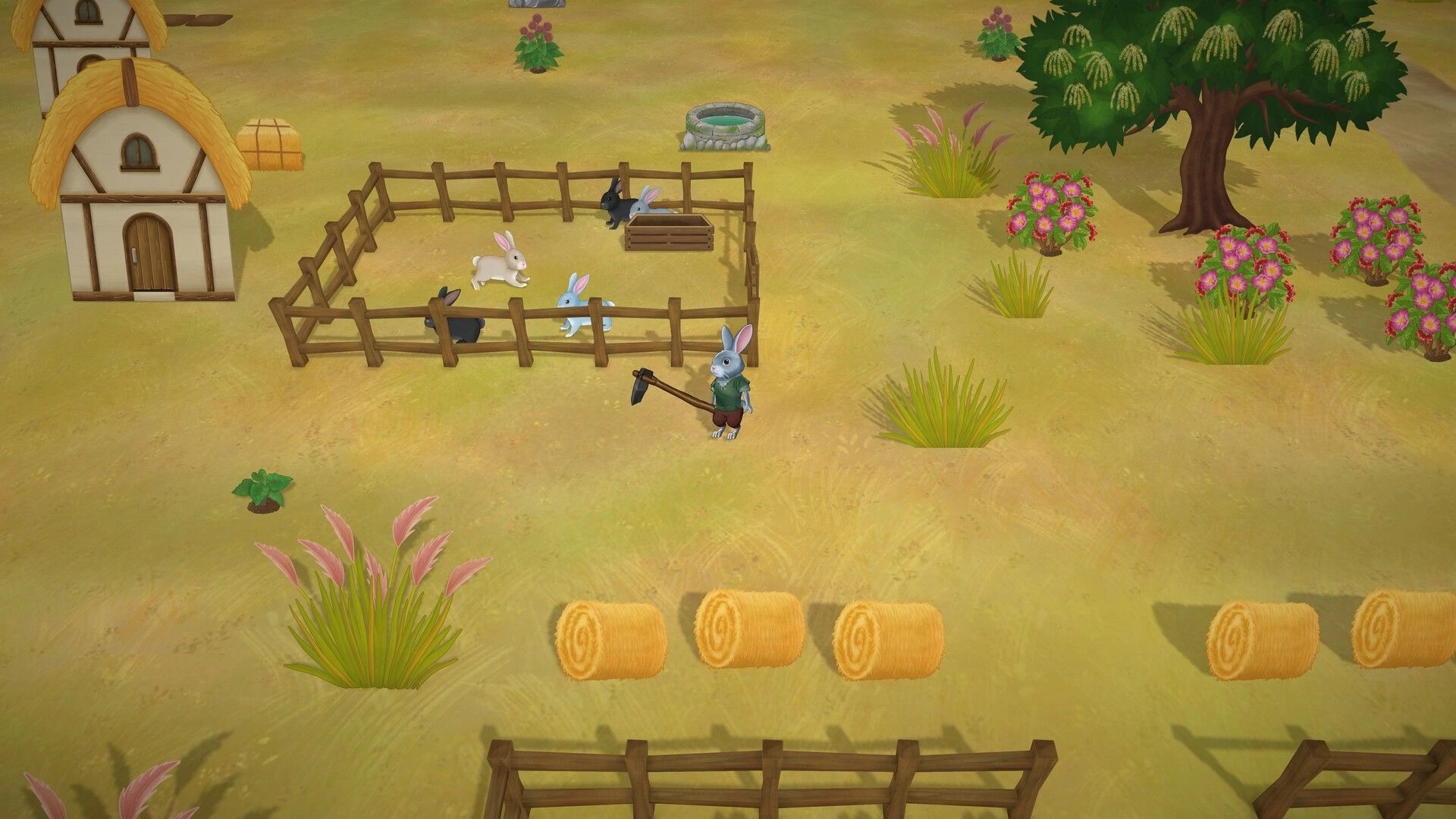 Woodland Rebels: Rabbit villager with hoe tends a fenced pen of bunnies beside a farmhouse meadow.