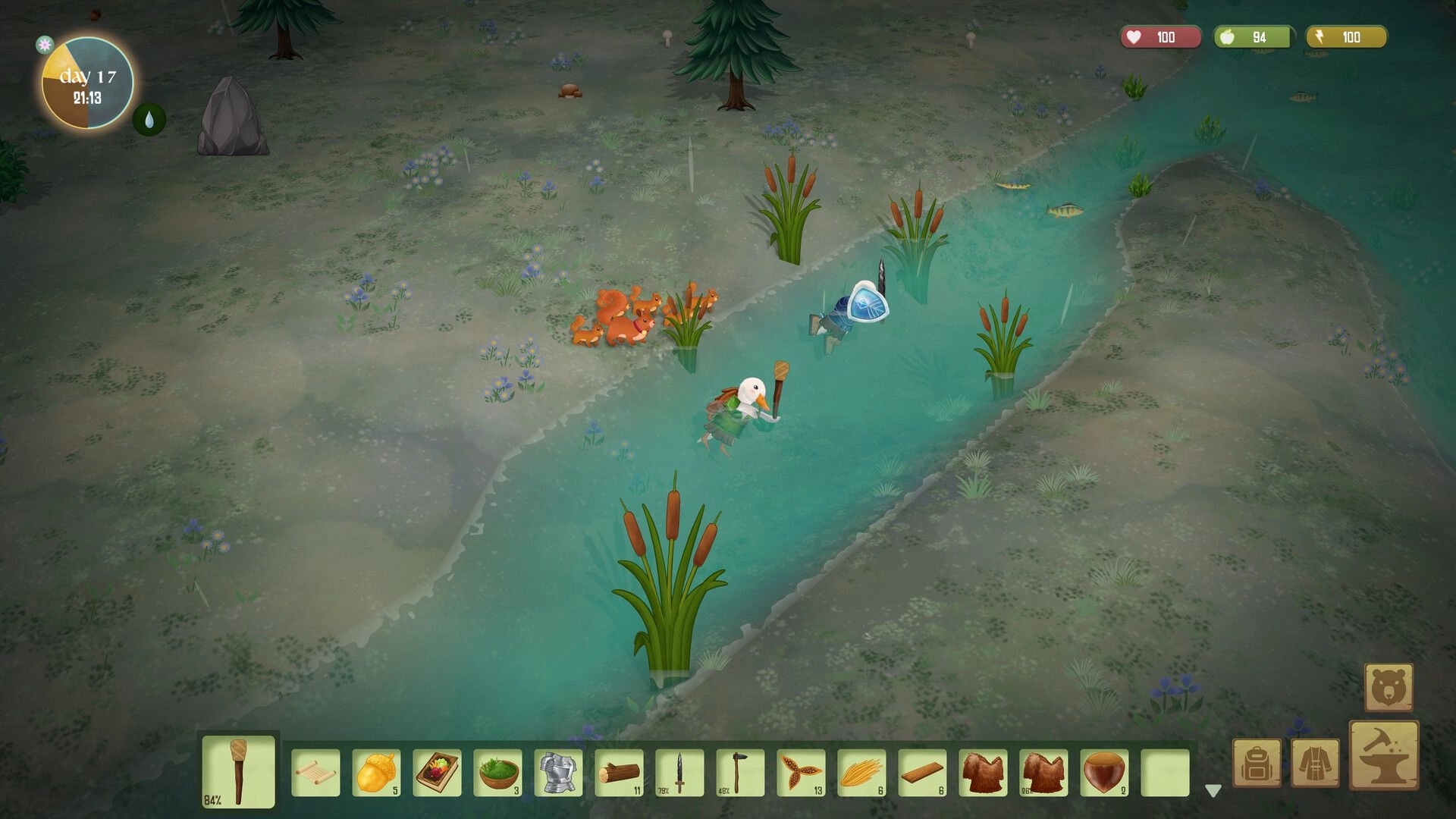 Woodland Rebels: Duck villager paddles a stream near squirrels, with day 17 HUD and hotbar UI.