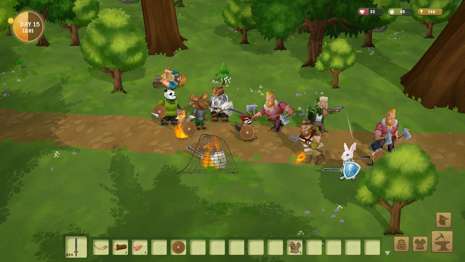 Woodland Rebels: Animal villagers battle axe-wielding humans on a forest path, Day 15 UI visible.
