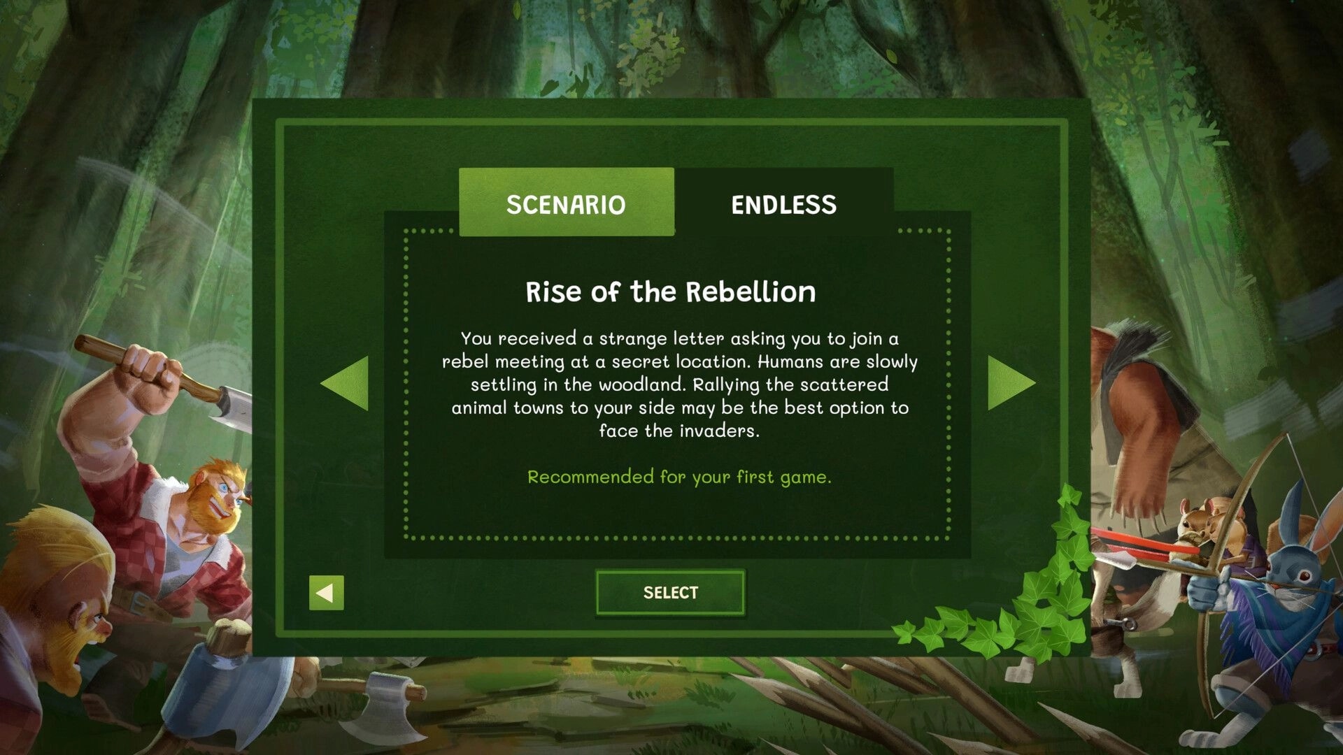 Woodland Rebels: Scenario menu for Rise of the Rebellion with Select button, forest backdrop and fighters.