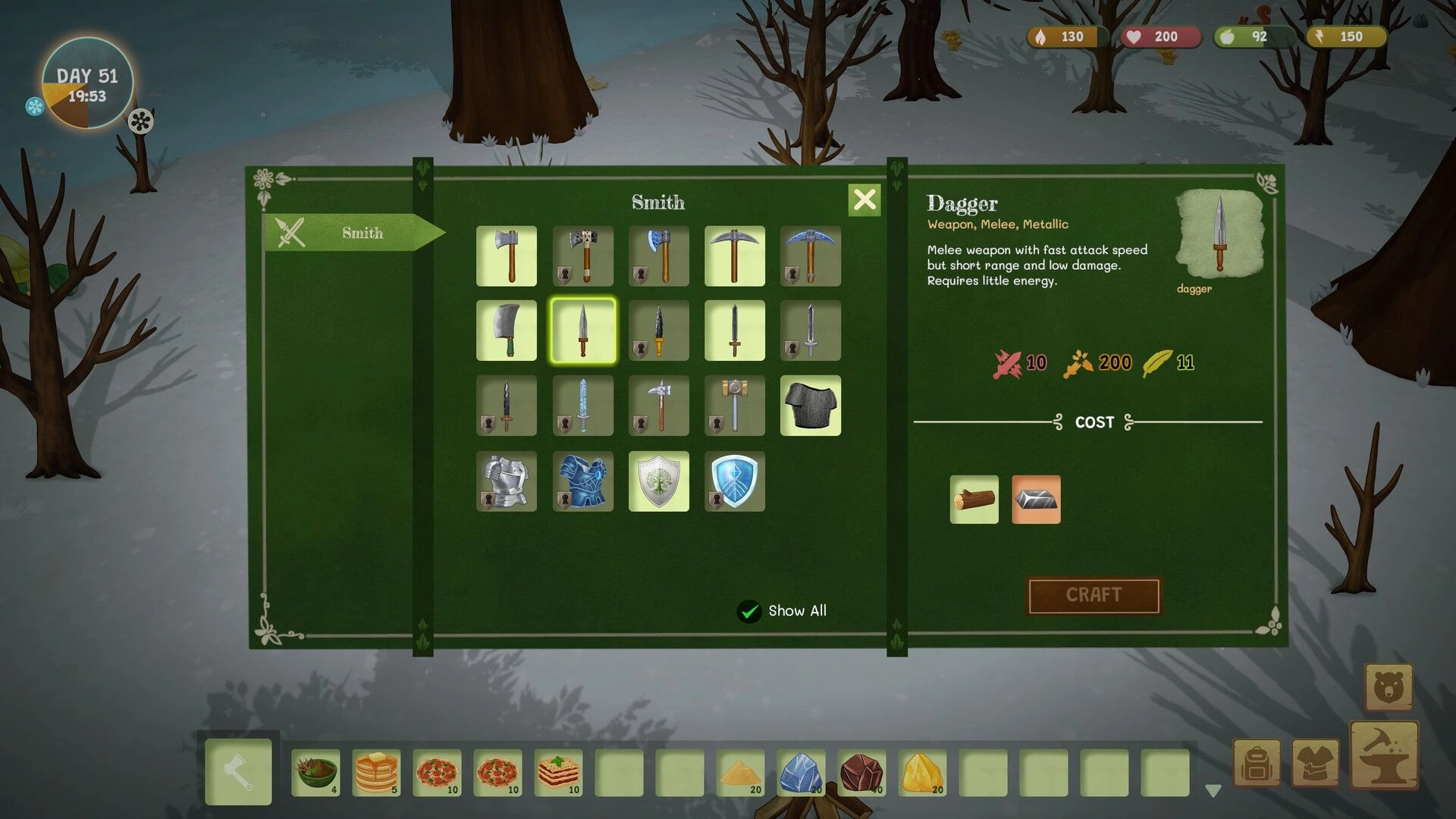Woodland Rebels: Smith crafting menu highlights a dagger recipe over a snowy forest backdrop.