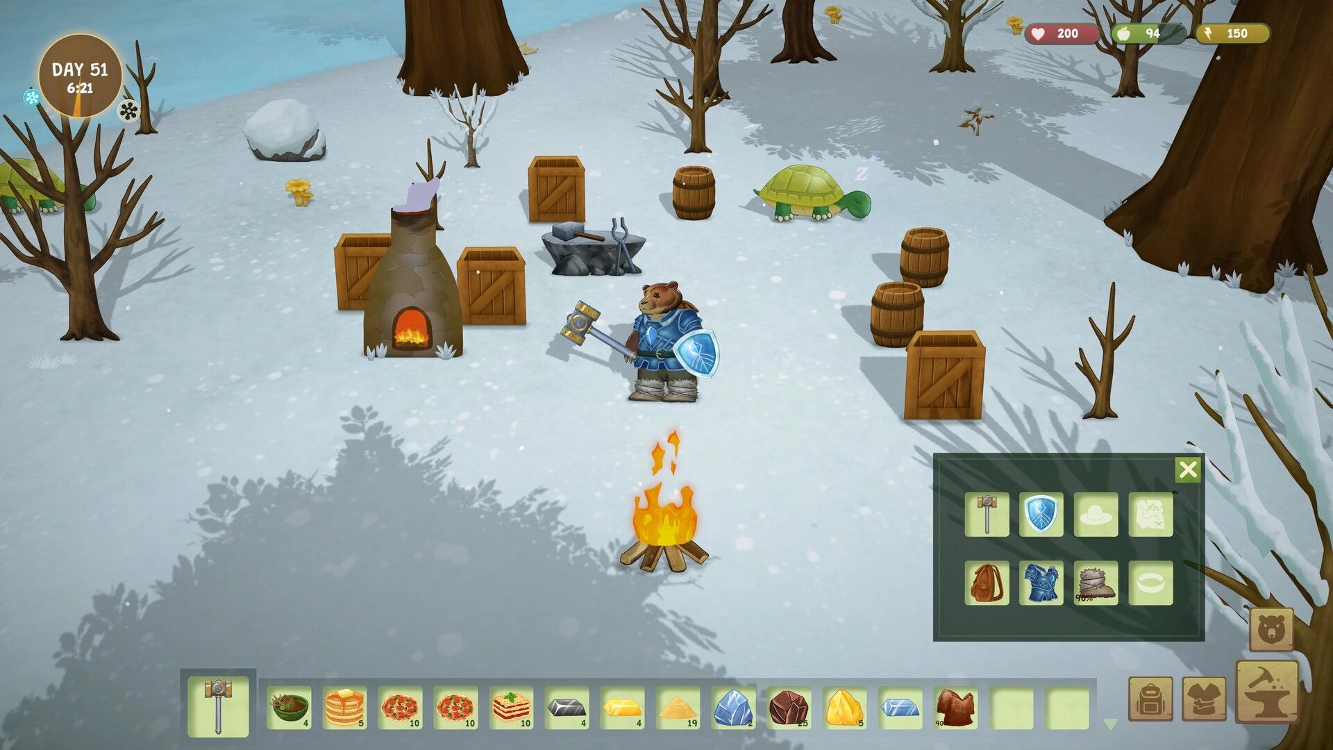Woodland Rebels: Bear warrior with hammer and shield by campfire in snowy woods, inventory open.