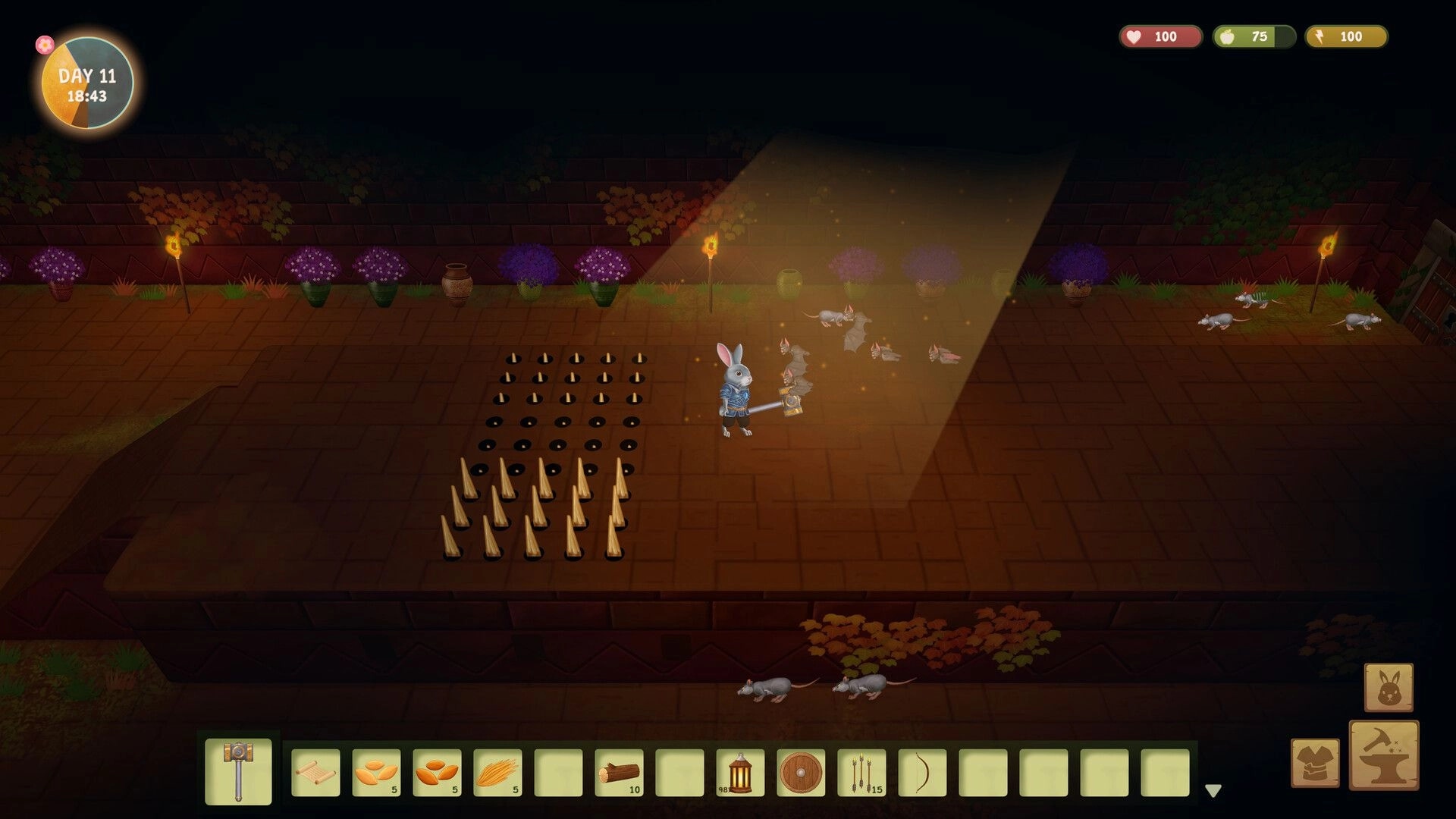 Woodland Rebels: Rabbit warrior near spike traps and rats on torchlit brick courtyard at dusk UI visible.