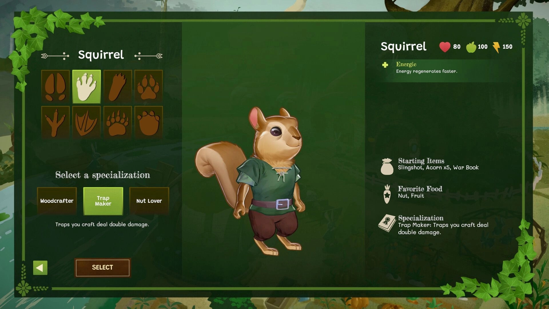 Woodland Rebels: Squirrel character select with Trap Maker specialization on leafy green menu screen.