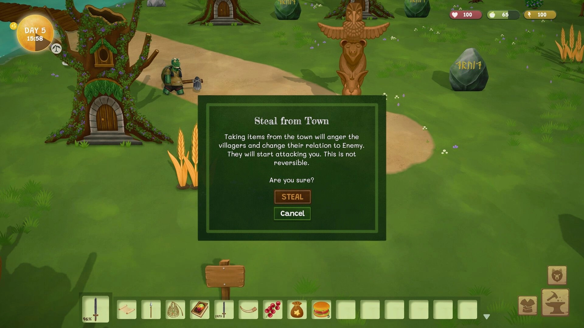 Woodland Rebels: Steal from Town warning popup over turtle villager by tree house and totem path.