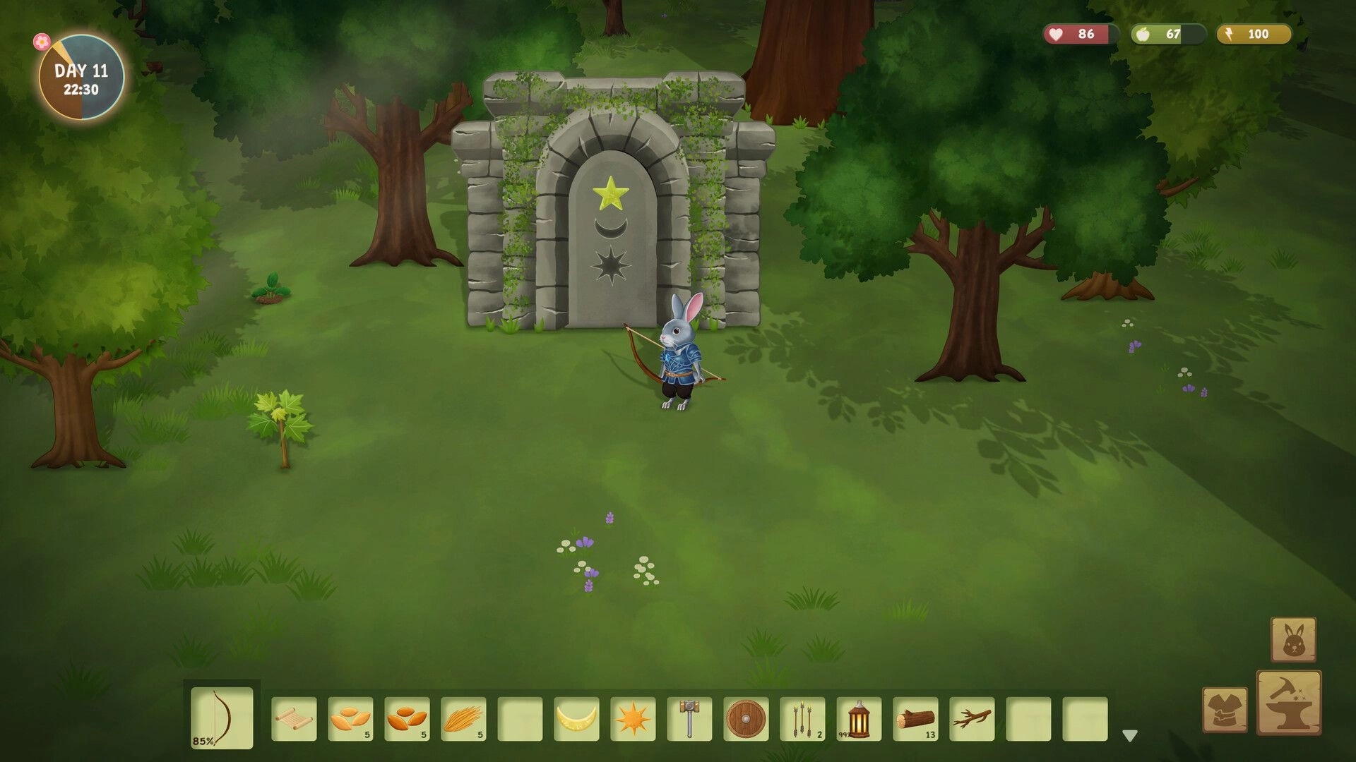 Woodland Rebels: Rabbit archer stands by a vine-covered stone door in a forest clearing with HUD.