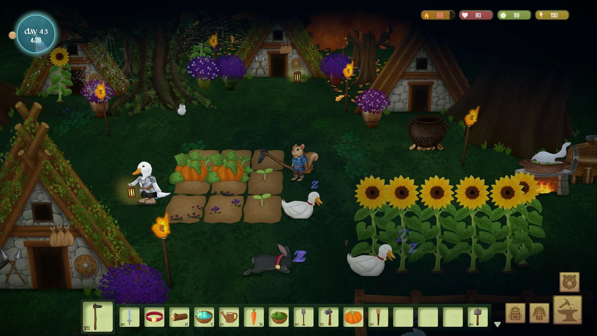Woodland Rebels: Squirrel farmer tends pumpkin plots as ducks sleep by sunflowers in torchlit village.