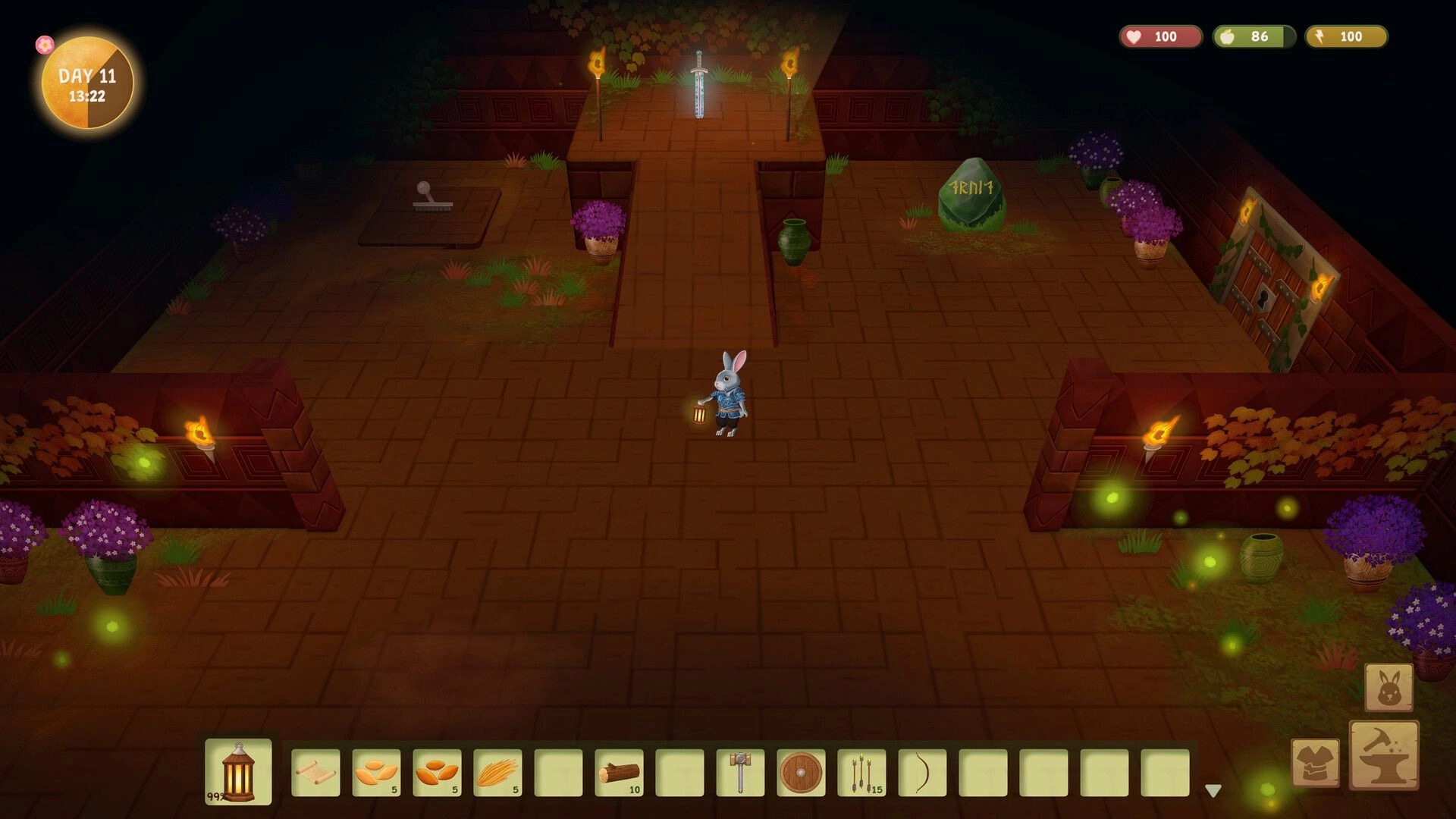 Woodland Rebels: Rabbit adventurer with lantern explores torchlit brick ruin with sword altar UI bar.