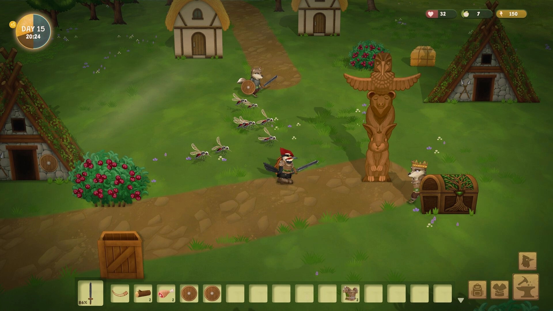 Woodland Rebels: Fox and bird warriors patrol a village path by totem, huts, and berry bushes.