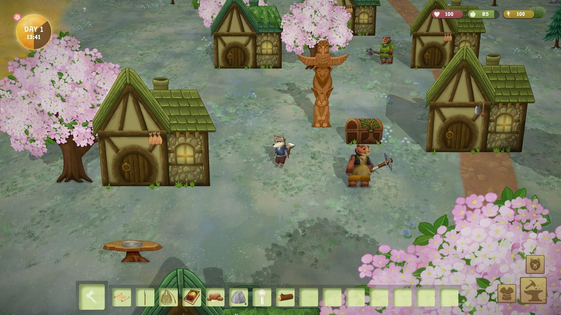 Woodland Rebels: Fox villager and bear miners by totem and huts in a cherry blossom camp UI.