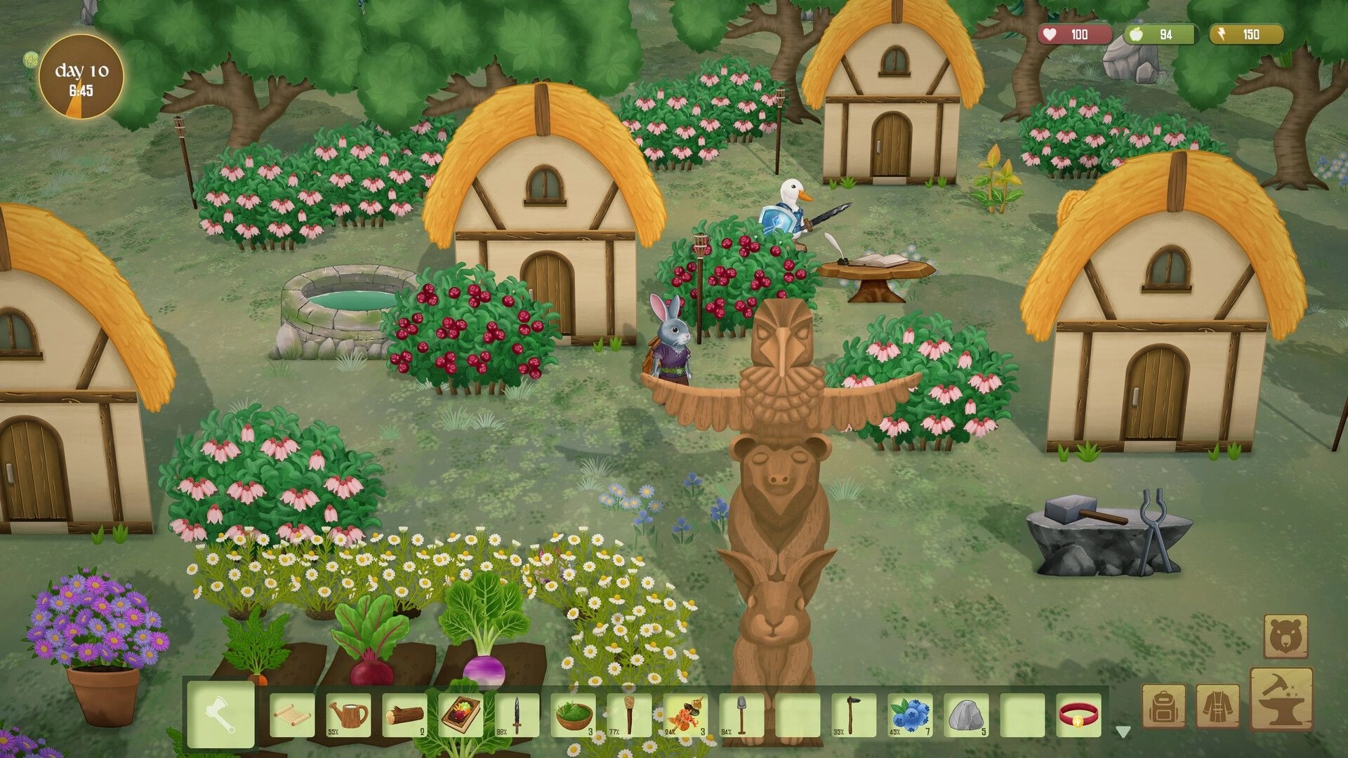 Woodland Rebels: Rabbit villager and duck guard near huts and berry bushes in a forest camp UI.