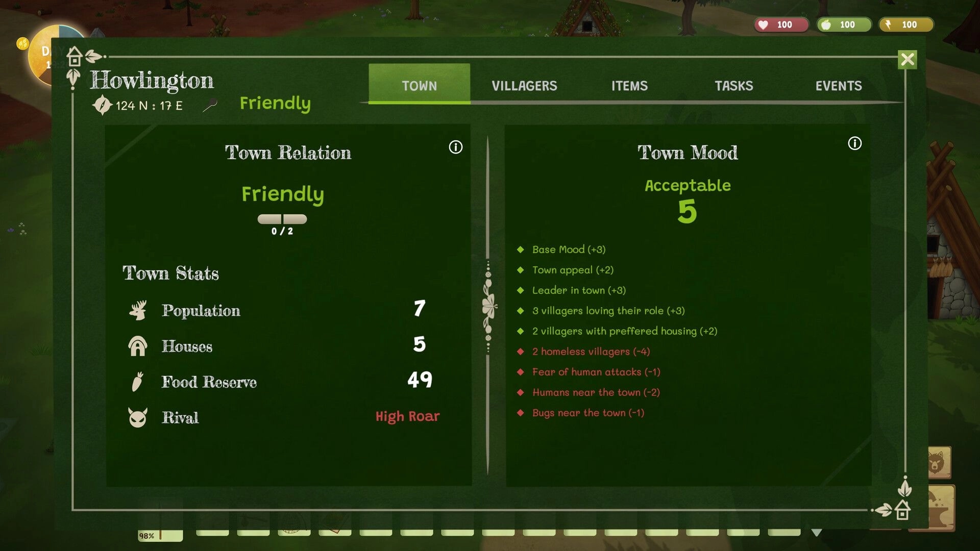 Woodland Rebels: Town menu for Howlington with stats and mood list over a forest village backdrop.
