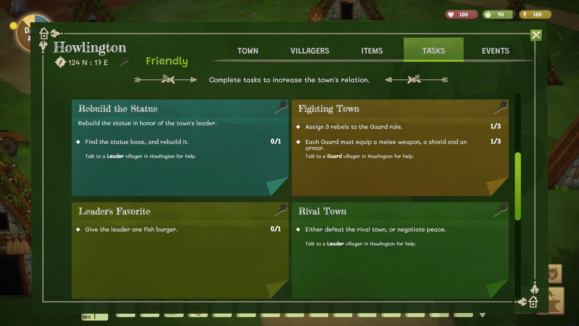 Woodland Rebels: Tasks menu for Howlington lists rebuild statue and guard roles over village map.