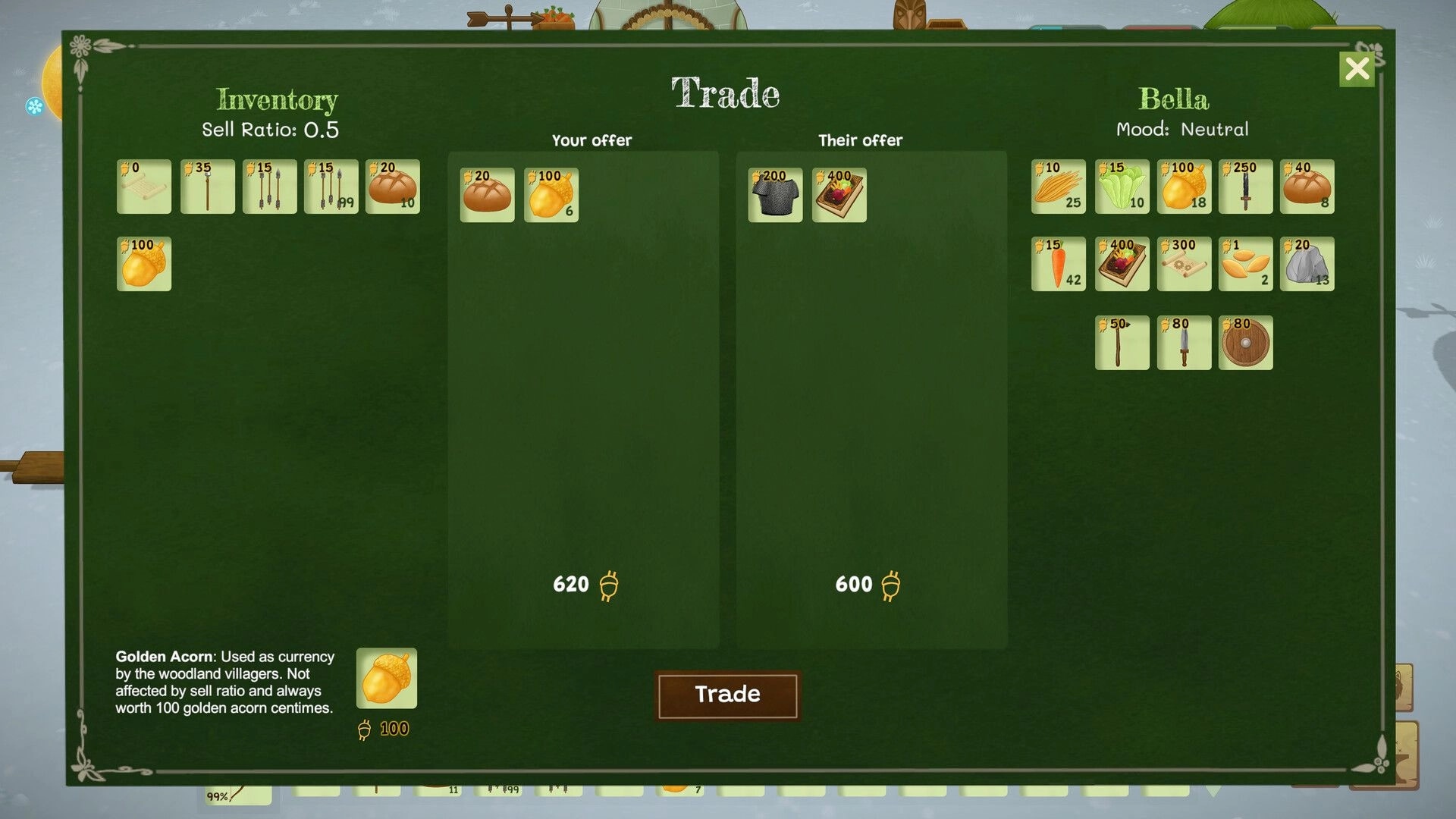Woodland Rebels: Trade menu with Bella offering bread and acorns for armor and a book UI overlay.