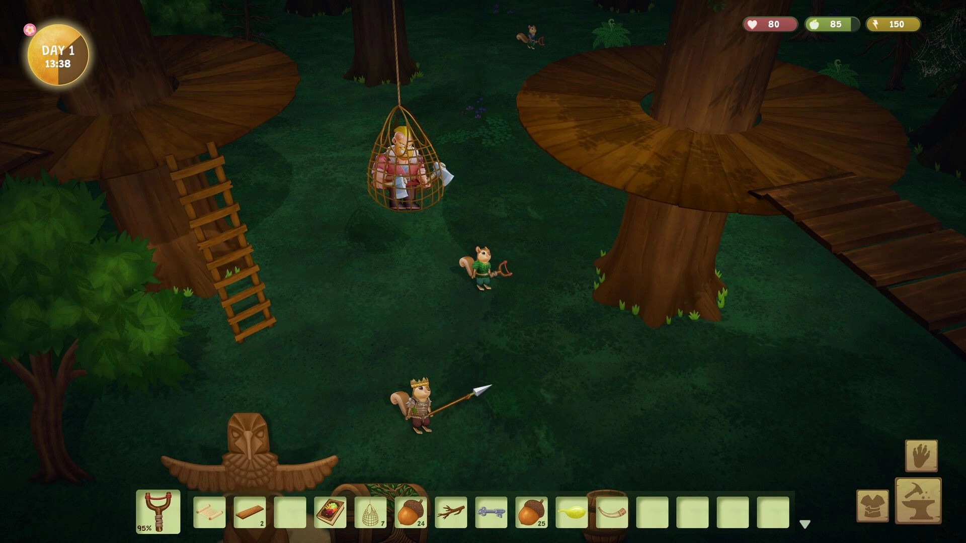 Woodland Rebels: Squirrel villager with spear faces a caged human among giant tree platforms at dusk.