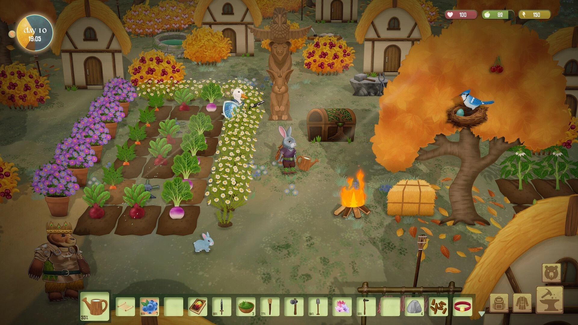 Woodland Rebels: Rabbit villager watering crops by campfire in autumn village with day 10 HUD.