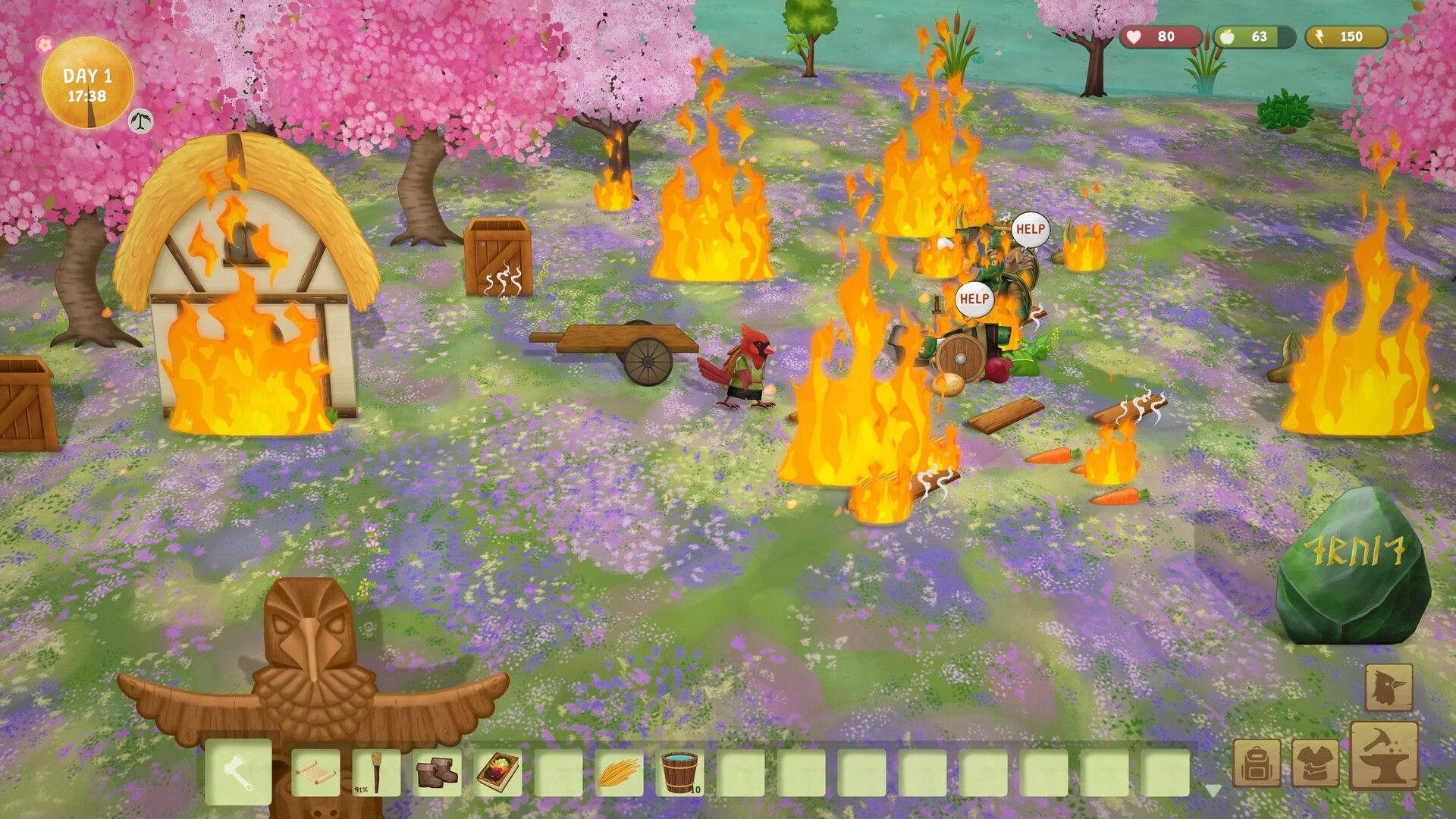 Woodland Rebels: Fires engulf a hut as villagers cry HELP in a cherry grove with resource HUD and hotbar.