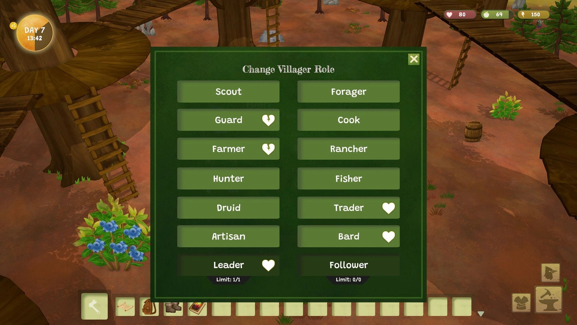 Woodland Rebels: Change Villager Role menu over treetop village platforms, Day 7 UI visible.