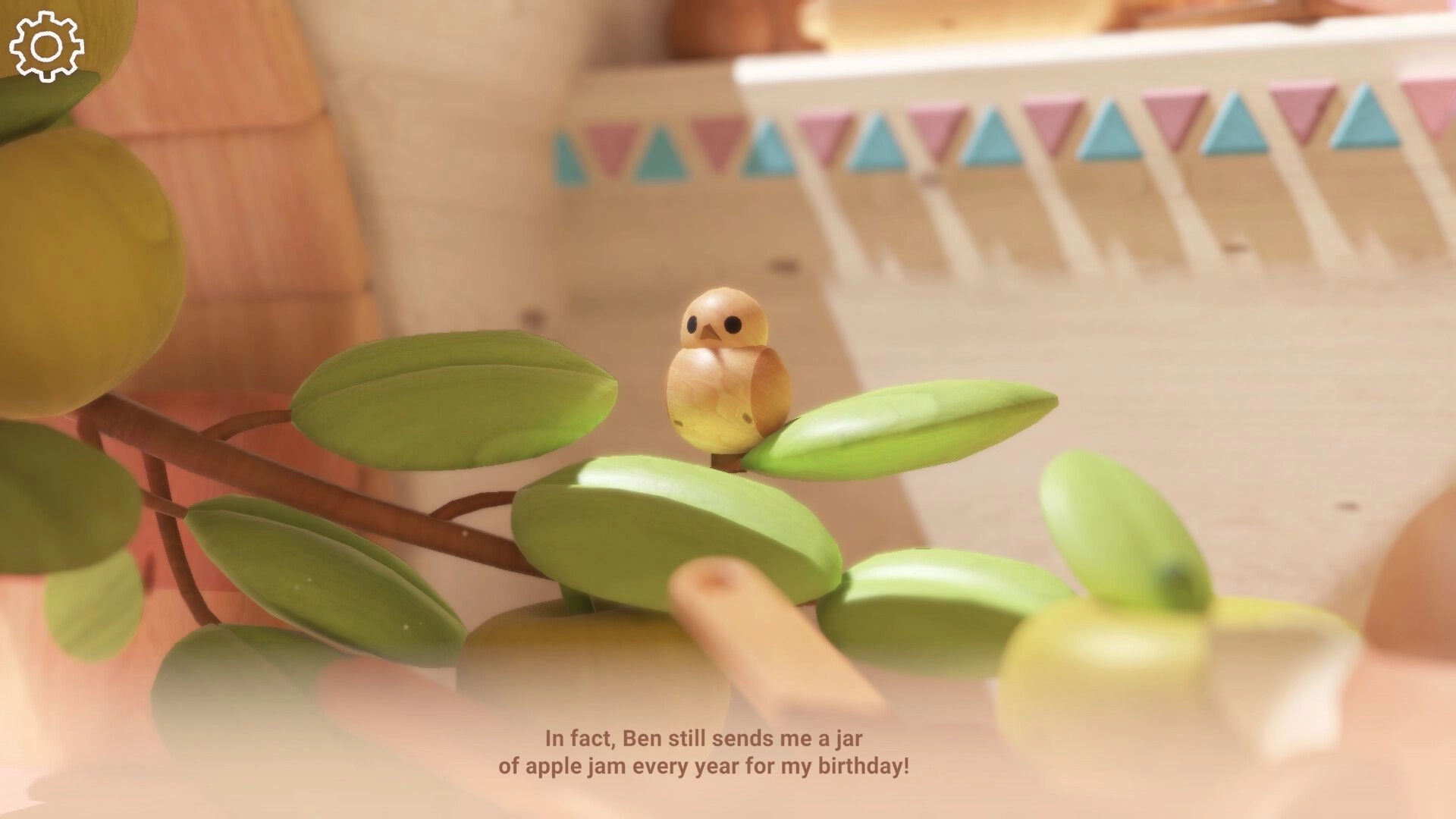 Woodo: Small wooden bird perched on branch with green leaves in cozy handcrafted diorama setting