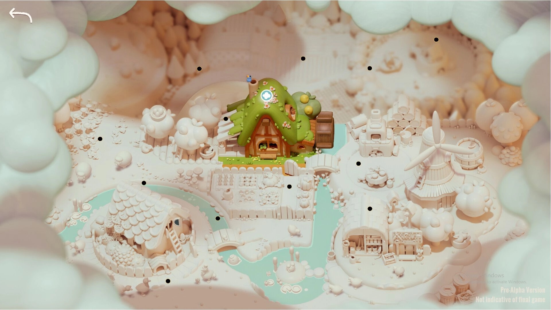 Woodo: Aerial view of a charming village with a green-roofed house surrounded by fluffy clouds