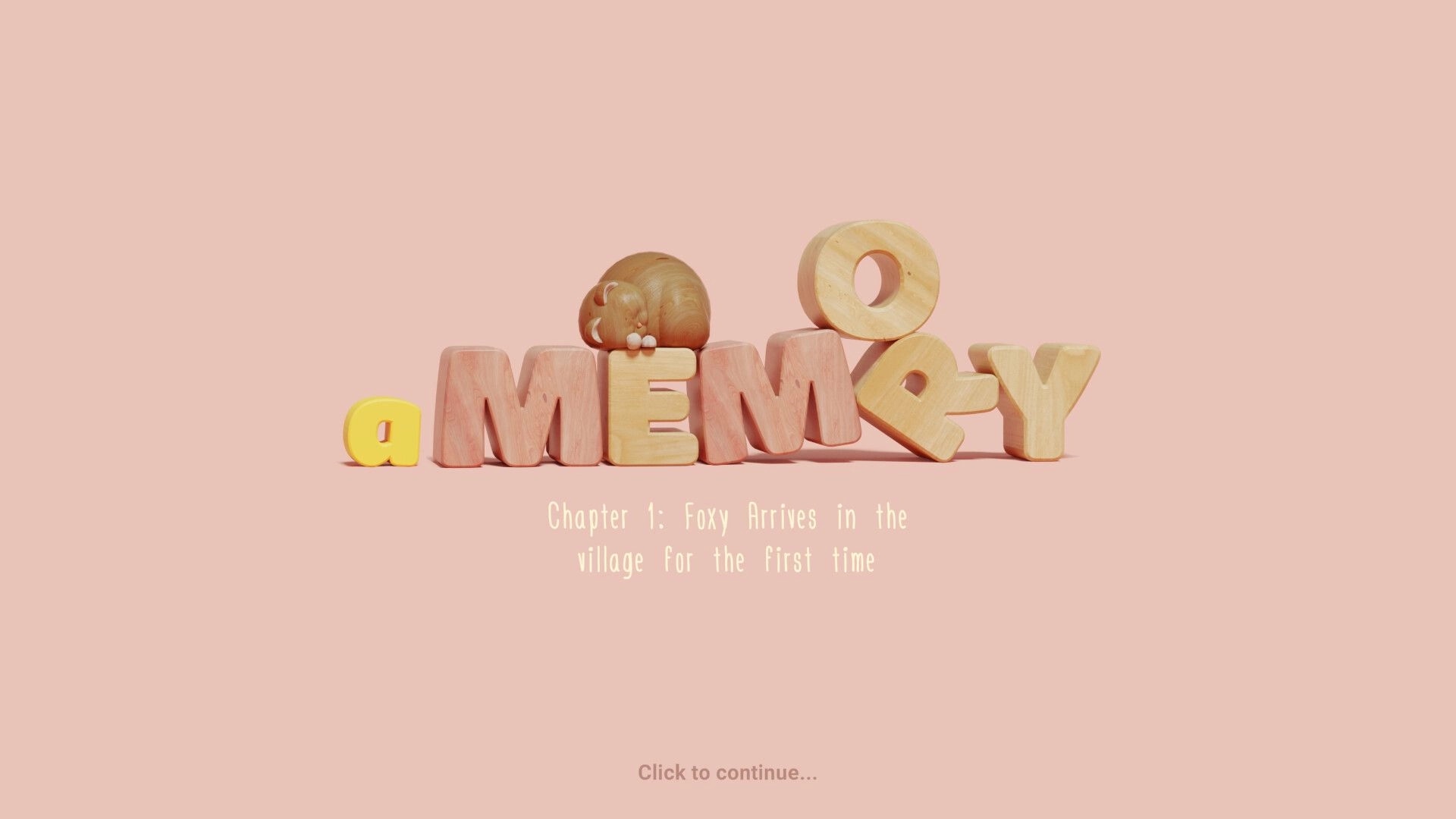 Woodo: Wooden letters with sleeping cat above, Chapter 1 title on pastel background, click to continue
