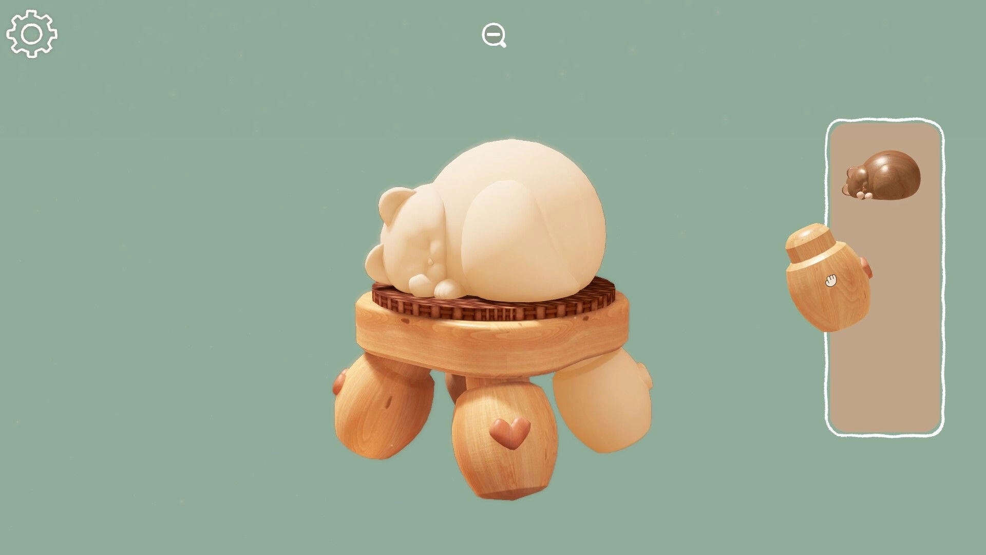 Woodo: Wooden bear diorama with selection menu on right and settings icon in top left corner