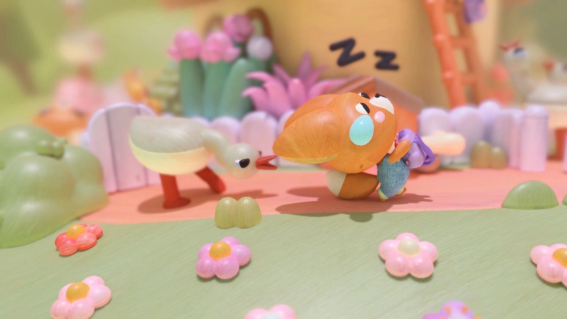 Woodo: Sleeping fox character near flowers with a duckling in a colorful garden diorama setting
