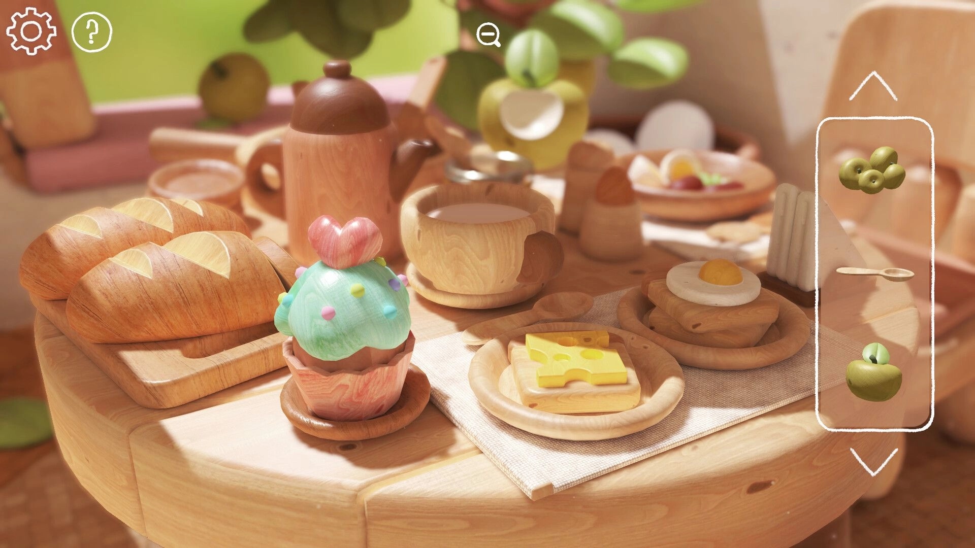 Woodo: Handcrafted wooden breakfast scene with bread, cupcake, tea set, and selection menu on table