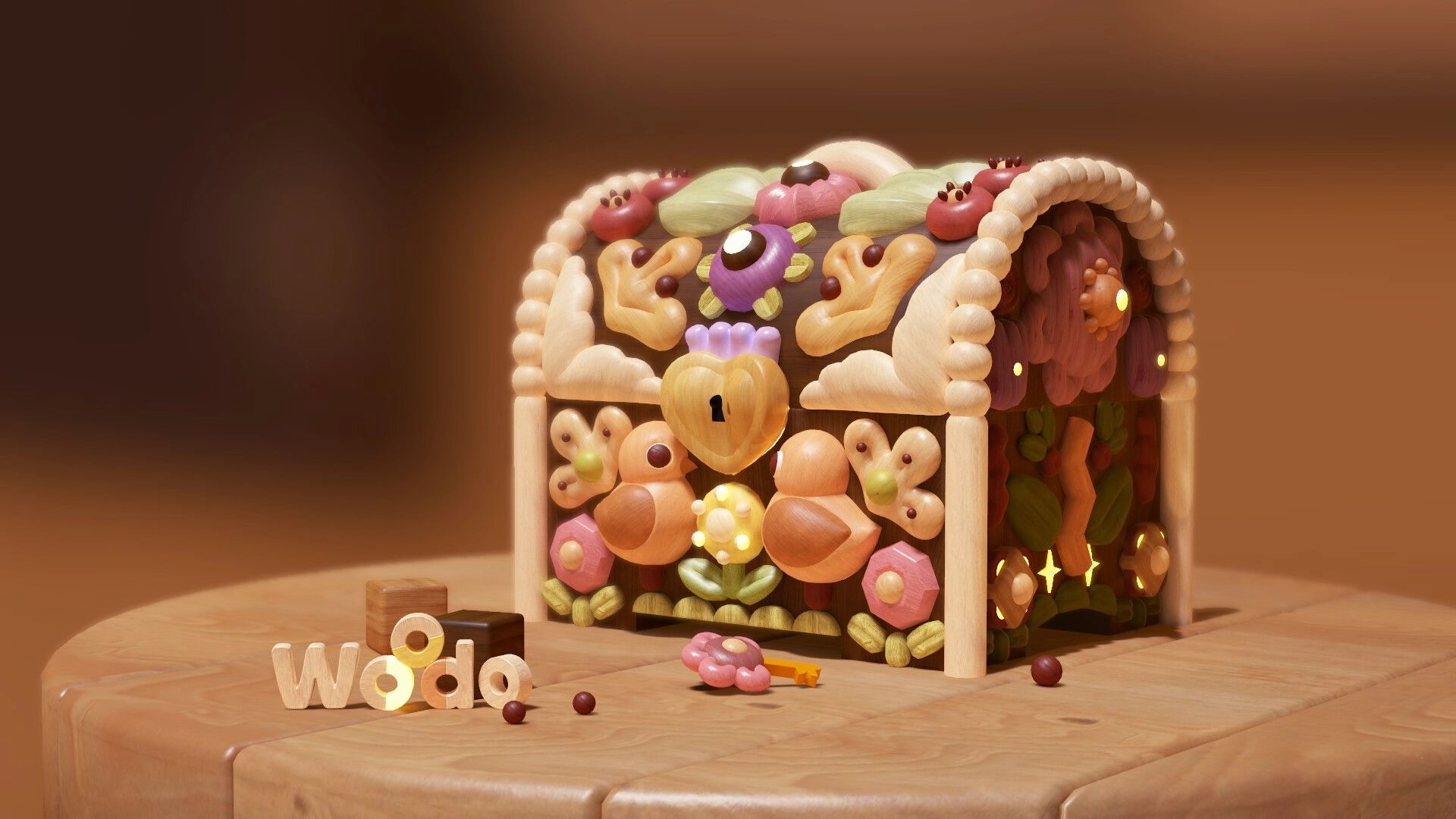 Woodo: Handcrafted wooden chest with floral patterns on a table, wooden letters spell "Woodo" nearby