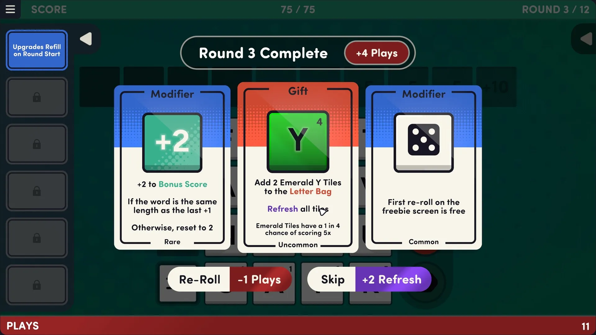 Word Play: Selection of modifiers and gifts after completing round three in a card-based interface