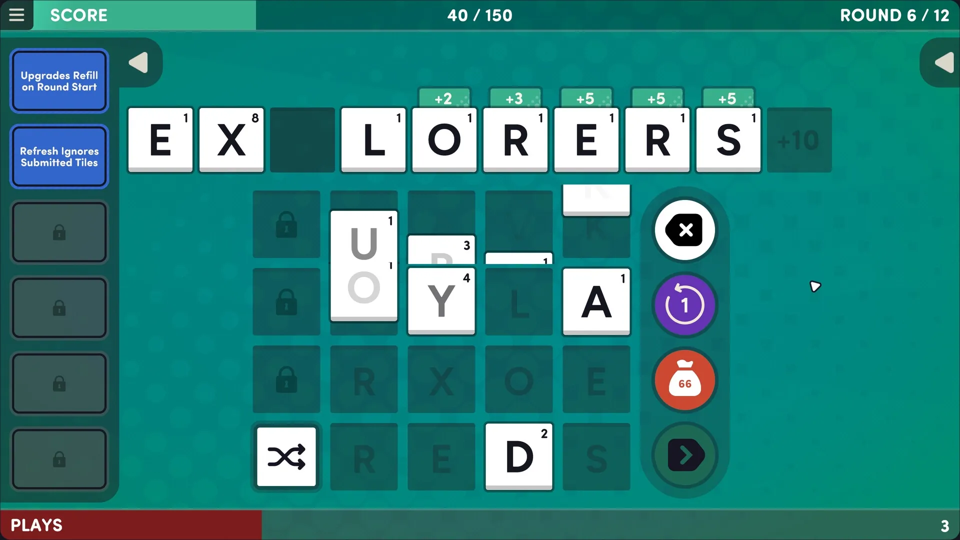 Word Play: Spell creation in grid layout with score, upgrades menu, and round progress indicators